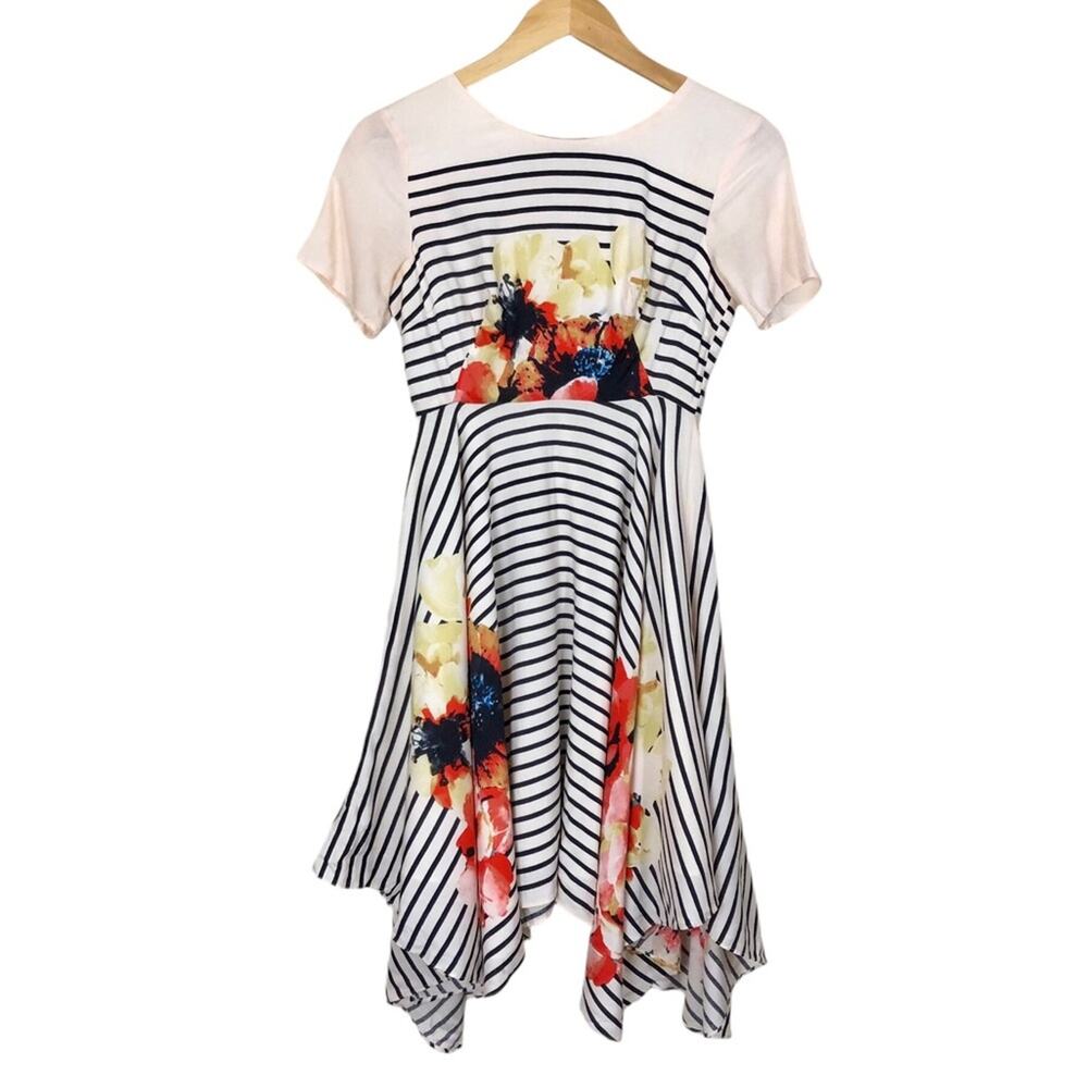 Corey Lynn Calter Floral Stripe Mixed Print Handkerchief Hem Dress Size 0